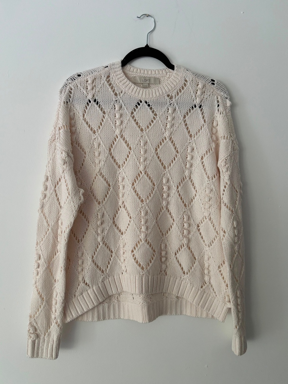LOFT Womens Cream Pointelle Diamond Knit Crewneck Pullover Sweater Size Small